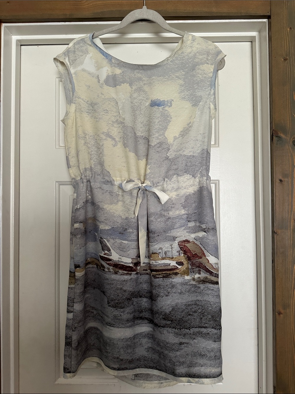 RACHEL Rachel Roy Gray & Cream Printed Tie-Waist Midi Dress